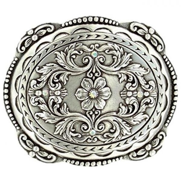 Gürtelschnalle, Buckle, Oval Floral Strass Fancy – Antik Silber