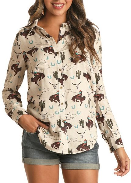 Rock&Roll Damen langarm Bluse "Western Motiv"