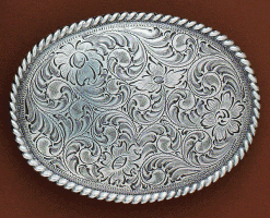 Gürtelschnalle, Buckle, oval, Floral-Muster, Rand in Seiloptik