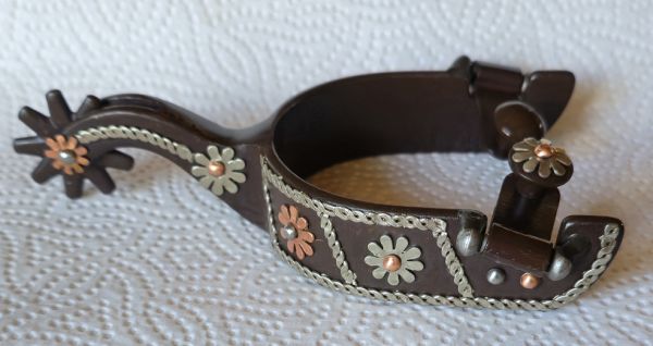 Damen Sporen, Antikbraun, mit Kupfer- und Silberfarbenen Blumen und Seilrand