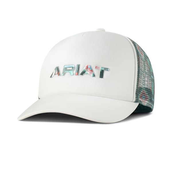 Ariat Damen Trucker-Zopfloch-CAP, weißem Schirm und mehrfarbigem, 3D-gesticktem Logo