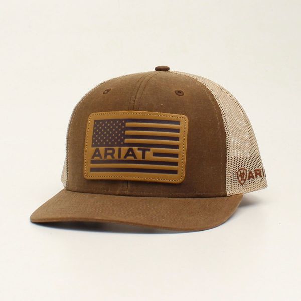 Ariat Herren CAP, Oilskin USA Flagge Lederpatch Braun