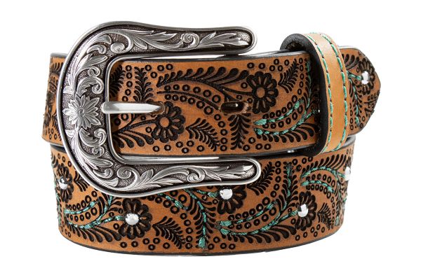 Gürtel Kinder, braun mit Paisley-Muster, türkisfarbenen Nähten