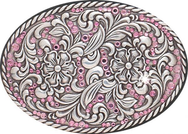 Gürtelschnalle, Buckle, oval, mit rosa Strasssteinen