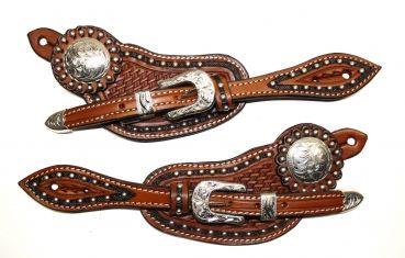 Sporenriemen #36 - US Leather - Two Tone - Tooled - Dots - graviertes Buckle Set & Conchos