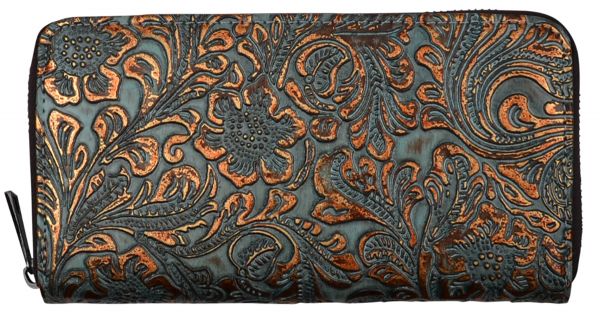 Angel Ranch Western Damen Geldbörse Metallic geprägtes Blumenmuster Braun Türkis
