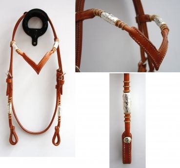 Kopfstück "EE Tack" - Harness - Round End's - Silver Pipe's / Rawhide - "V" Stirnband